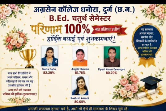 अग्रसेन महाविद्यालय धनोरा दुर्ग के छात्र-छात्राओं ने किया श्रेष्ठ प्रदर्शन